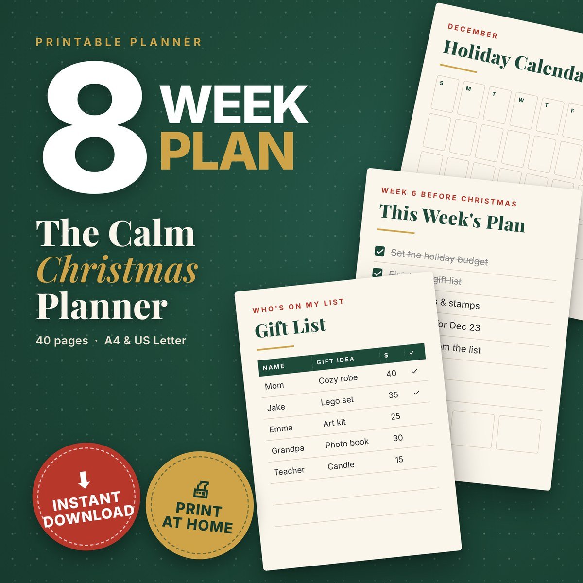 The Calm Christmas Planner cover with sample pages: weekly plan, gift list and December calendar