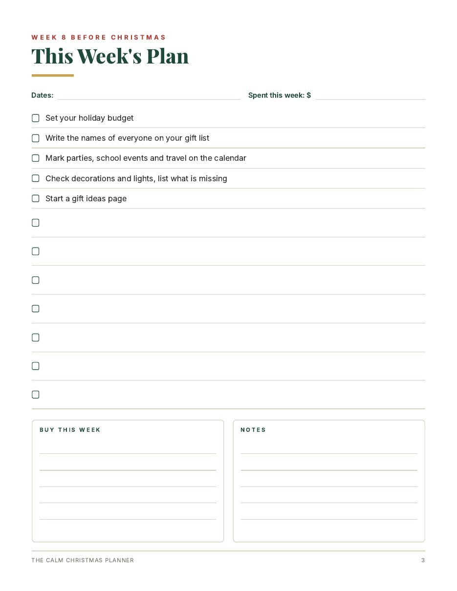 Ink Saver version of the weekly plan page with a white background
