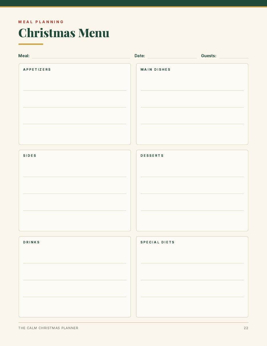 Christmas menu page with sections for appetizers, mains, sides, desserts and drinks