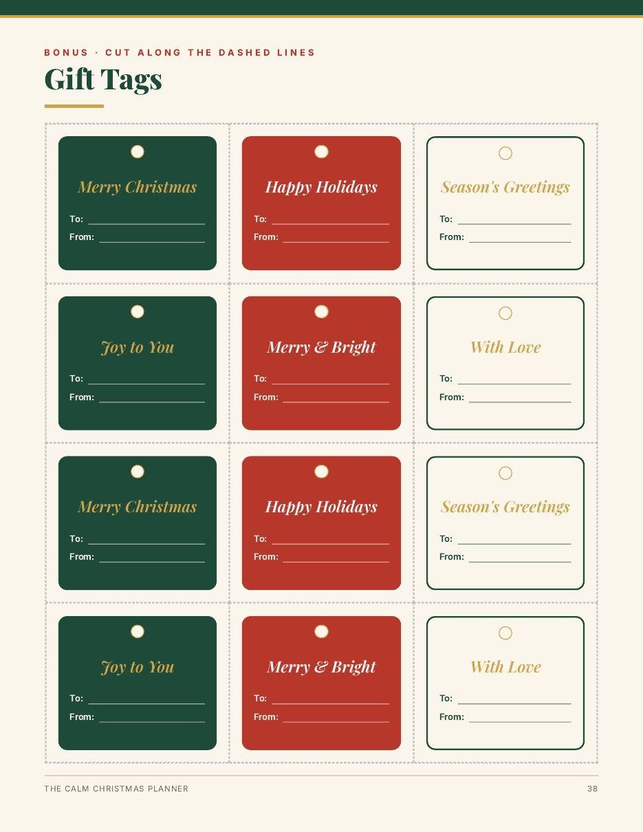 Printable gift tags in green, red and cream